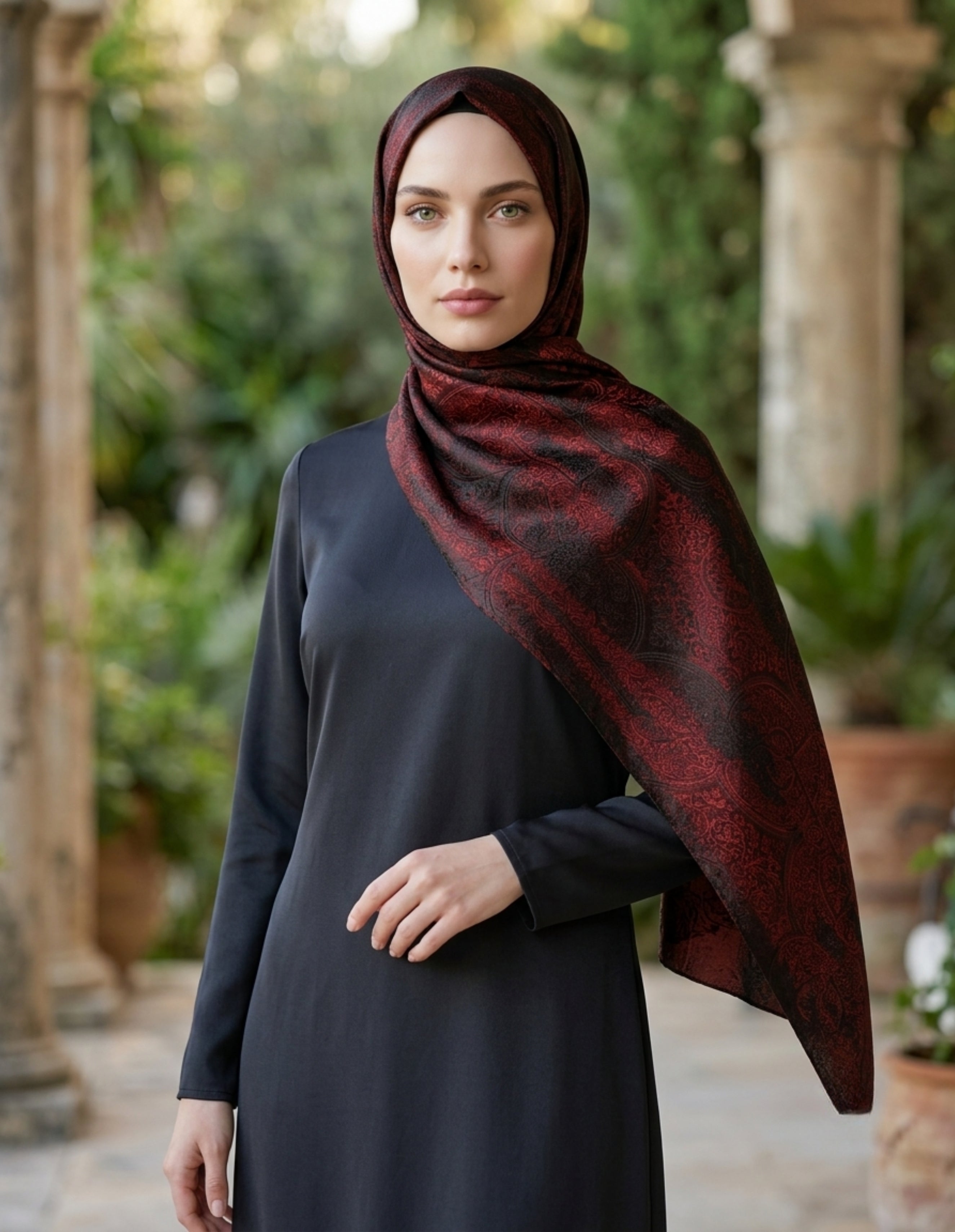 Vera Desen Shine Line Şal Siyah Bordo | Klasik Zarafet