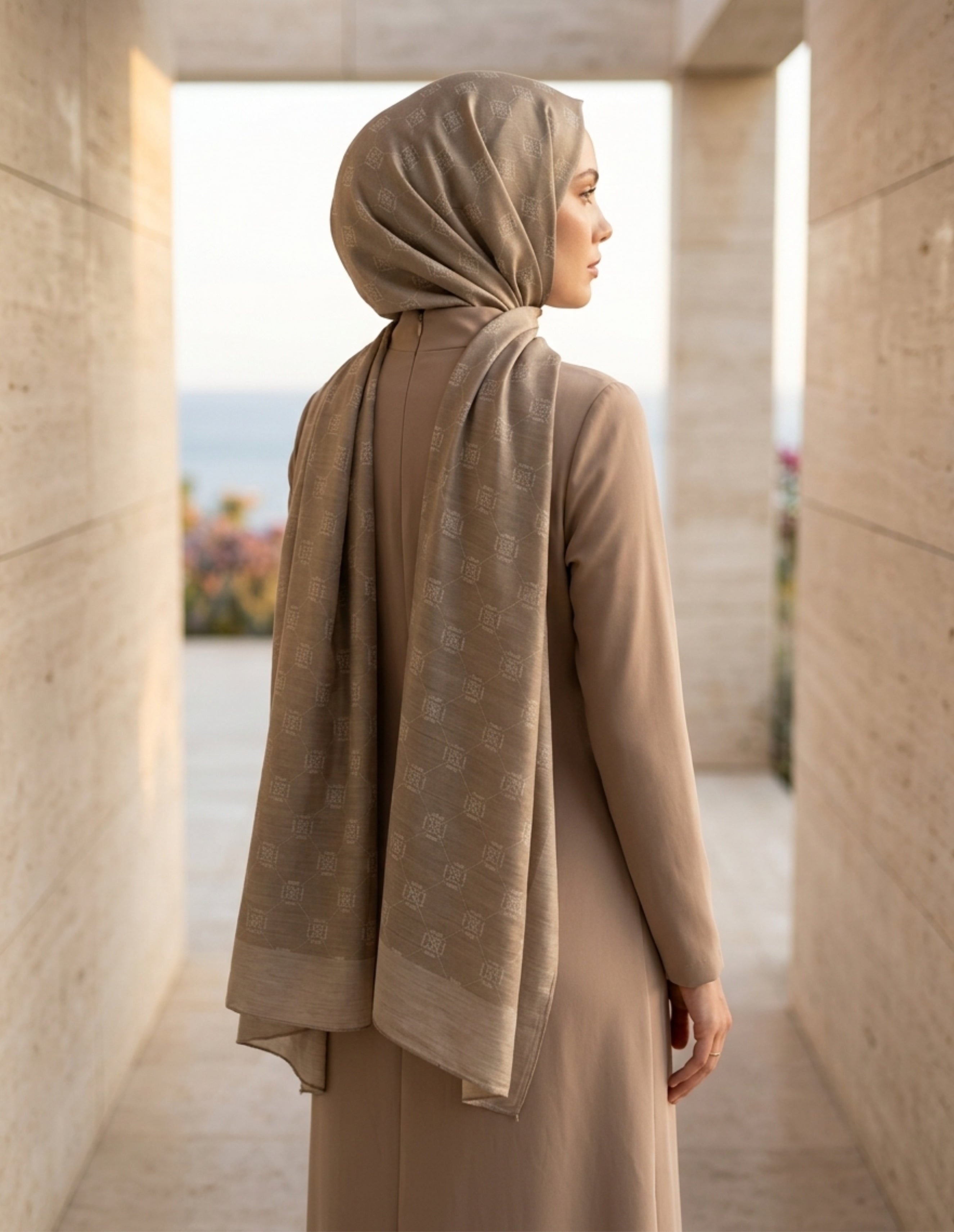 ED Scarf Çift Taraflı Logo Desen Şal Bej, modern ve zarif görünümüyle şık bir aksesuar.