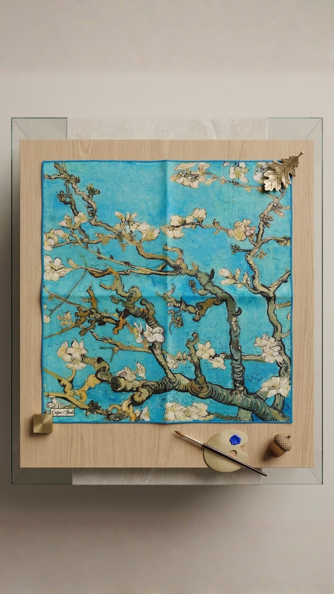 Kadın Mavi Badem Çiçeği Desenli İpek Fular modeli