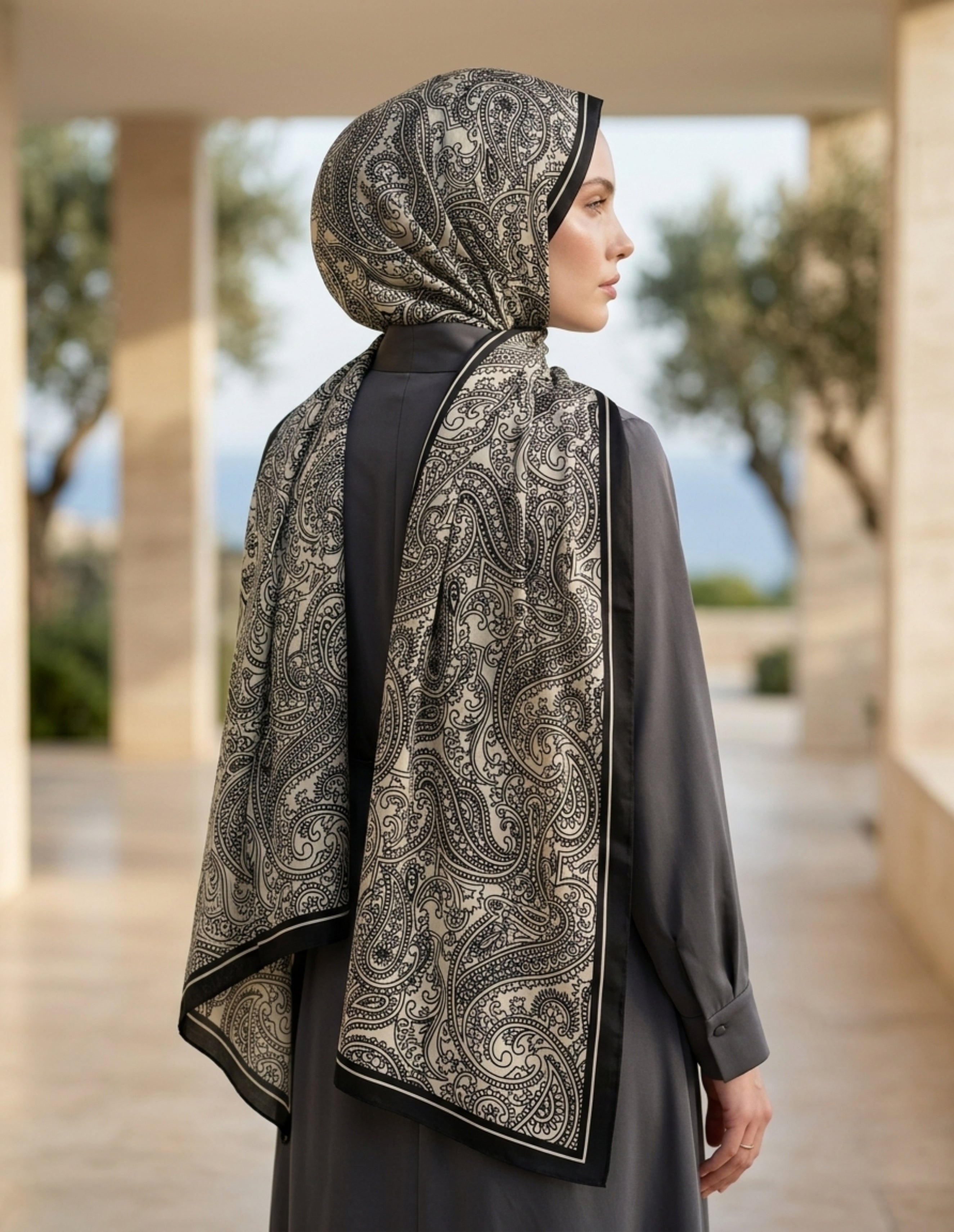 ED Scarf siyah beyaz paisley desen şal zarif duruş