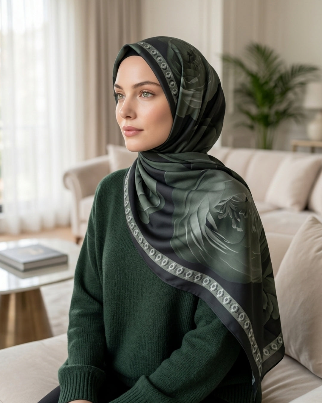 Desenli Pamuk Soft Şal Haki Yeşil Marline Serisi kadın şal modeli