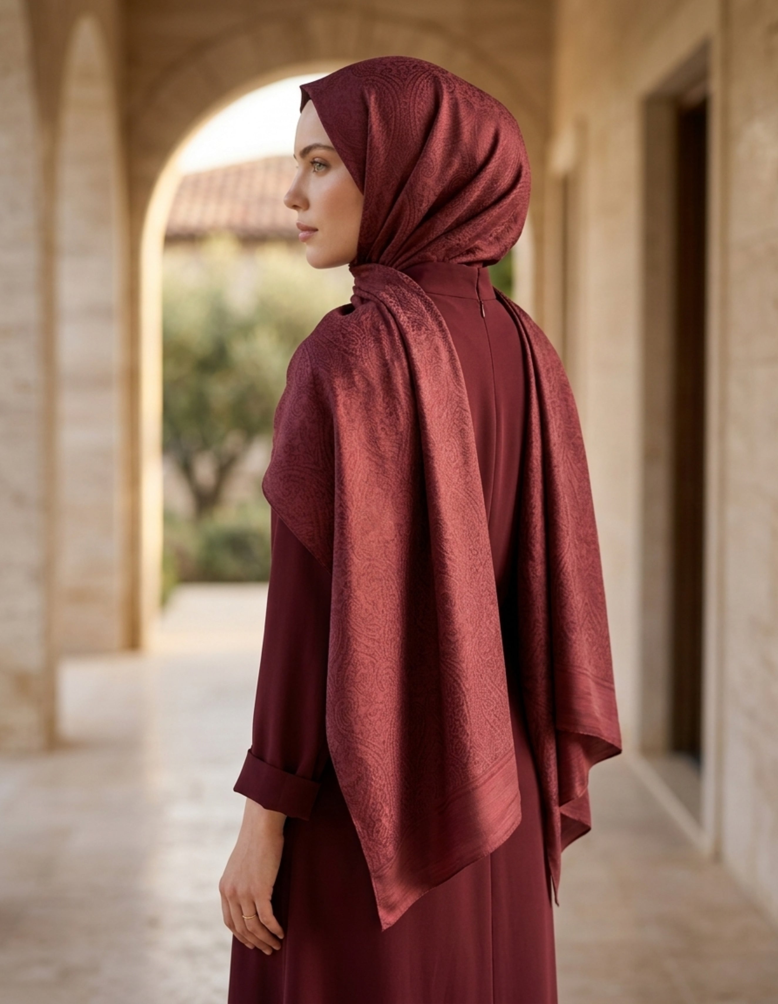 ED Scarf Çift Taraflı Etnik Desen Şal Bordo ile şık bir kadın modeli, bordo renkli şal kullanarak zarif bir görünüm sergiliyor.