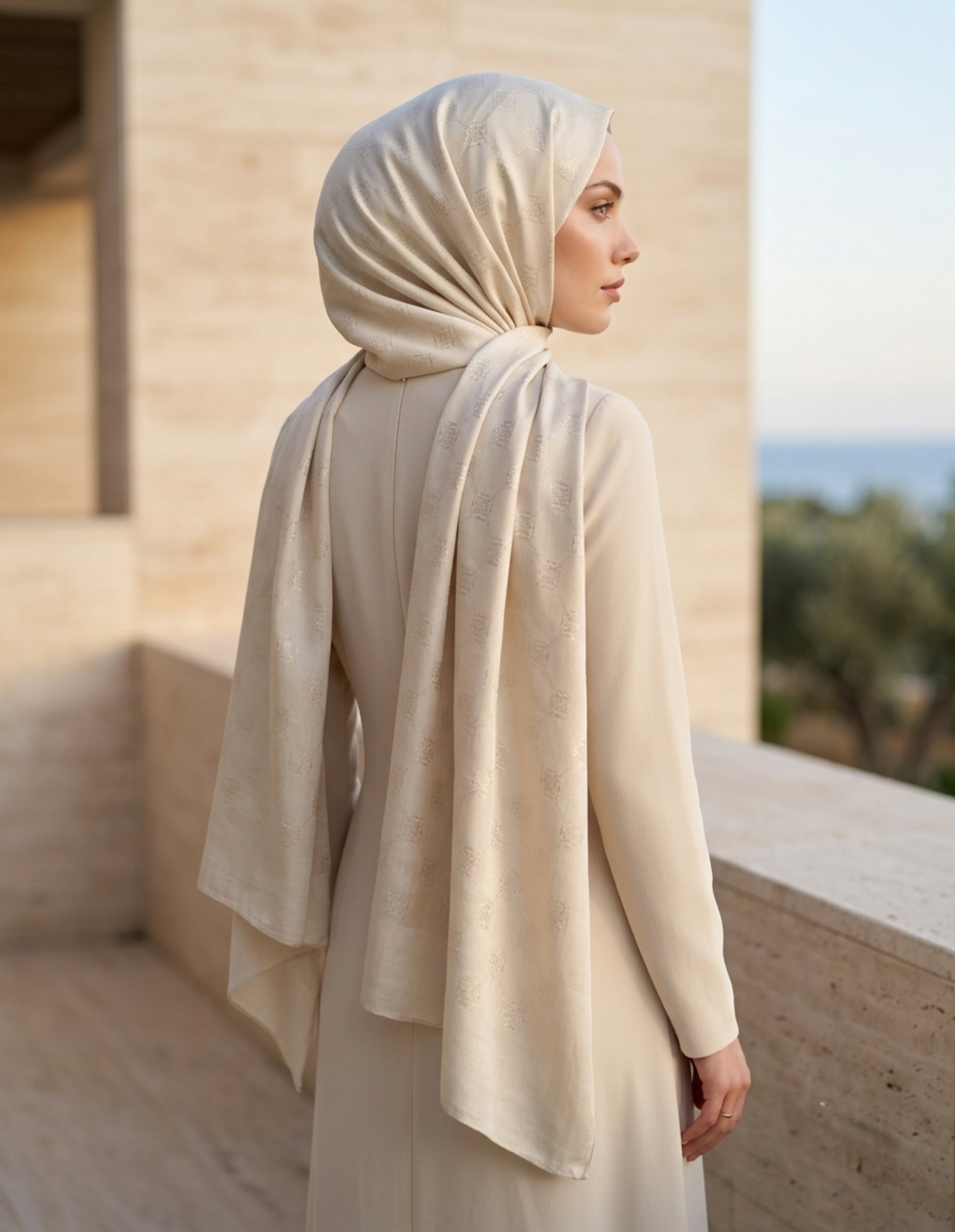 ED Scarf Çift Taraflı Logo Desen Şal Krem bağlama stiliyle dış mekan manzarasında görünüm.