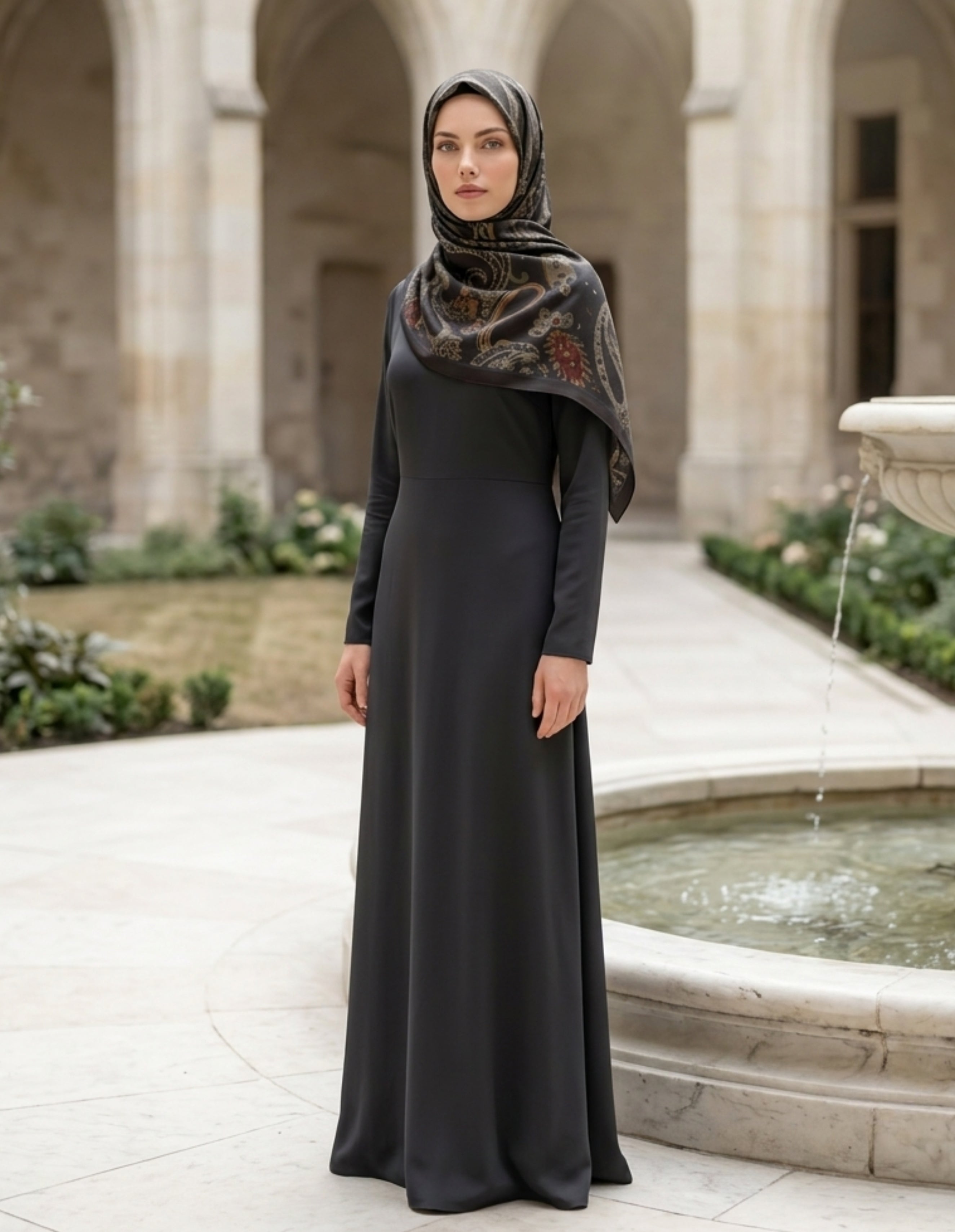ED Scarf Iconic Vera Şal Acı Kahve ile şık bir elbise giyen kadın, zarif görünümüyle bir avlu ortamında duruyor.