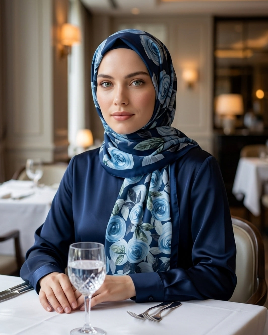 Desenli Pamuk Soft Şal Lacivert Açık Mavi | İlham Serisi