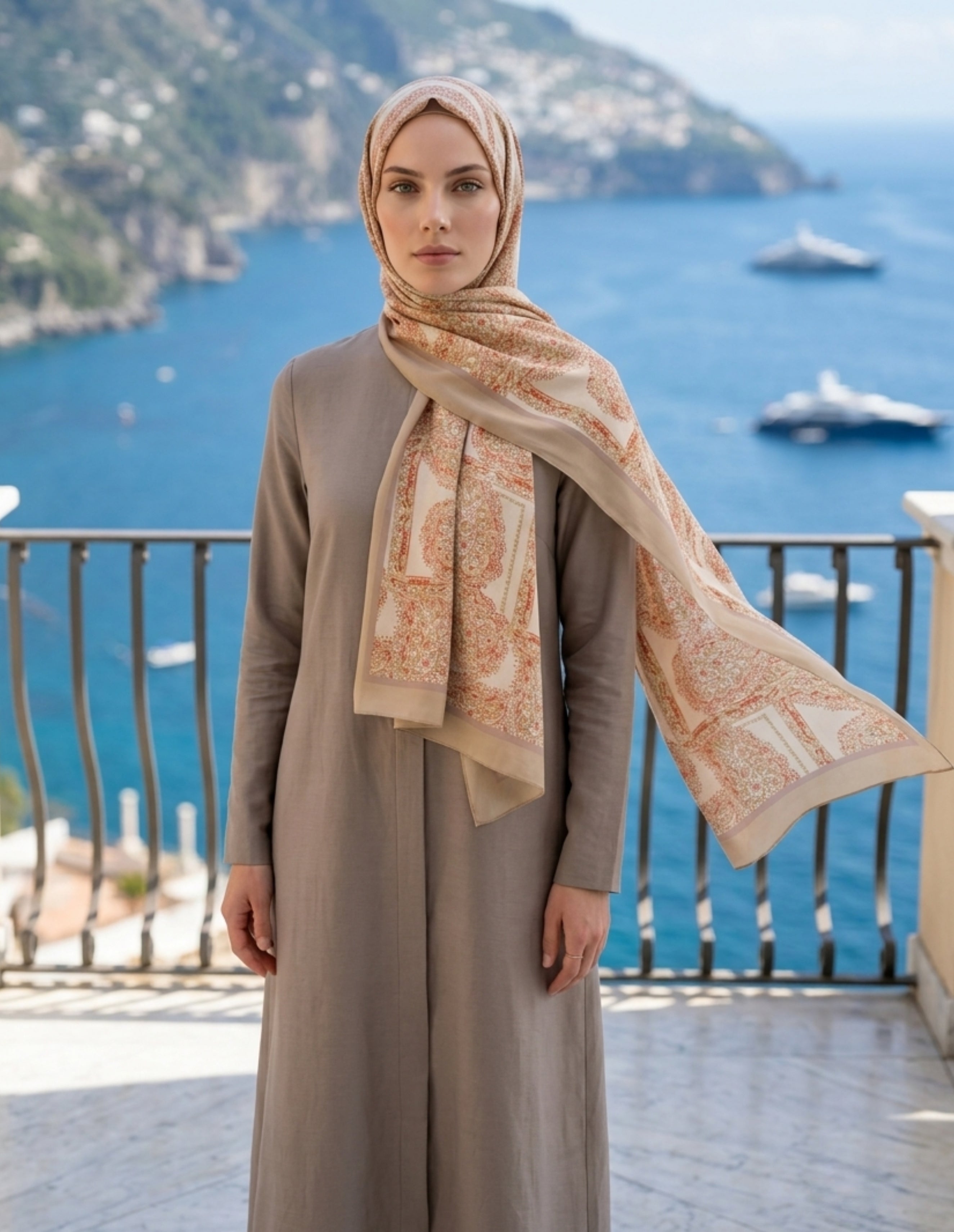 ED Scarf Iconic Lema Şal Bej ile şık görünümde kadın, deniz manzarası önünde