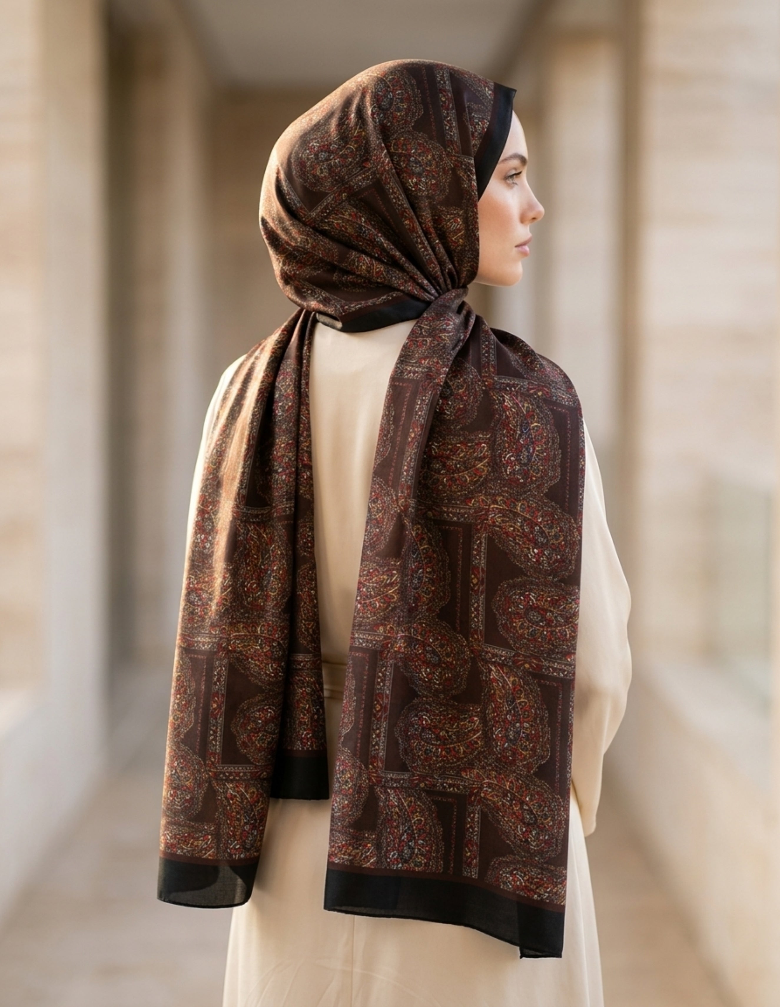 ED Scarf Iconic Lema Şal Acı Kahve, şık ve modern bir görünüm sunan zarif bir şal modeli.