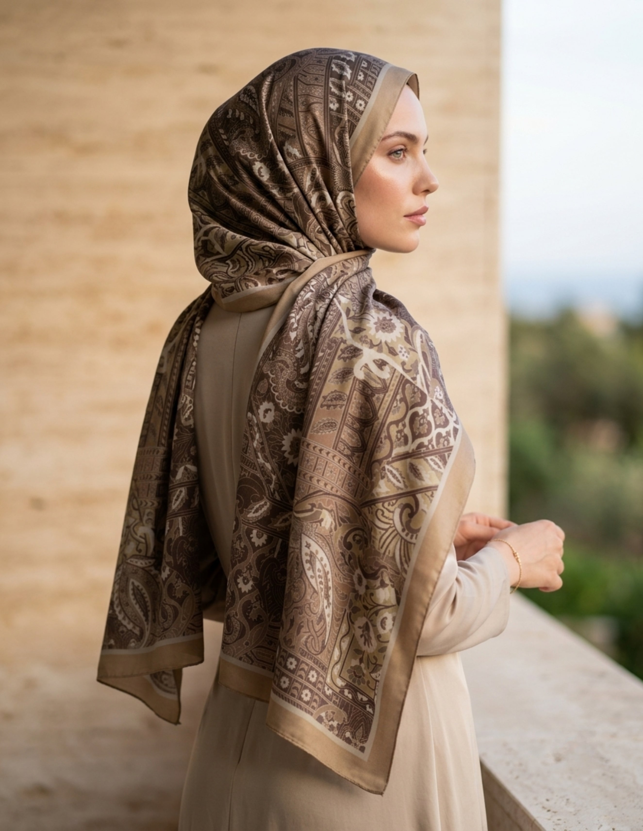 ED Scarf Iconic Hasna Şal Bej, zarif ve modern şal modeli, doğal görünüm için ideal.