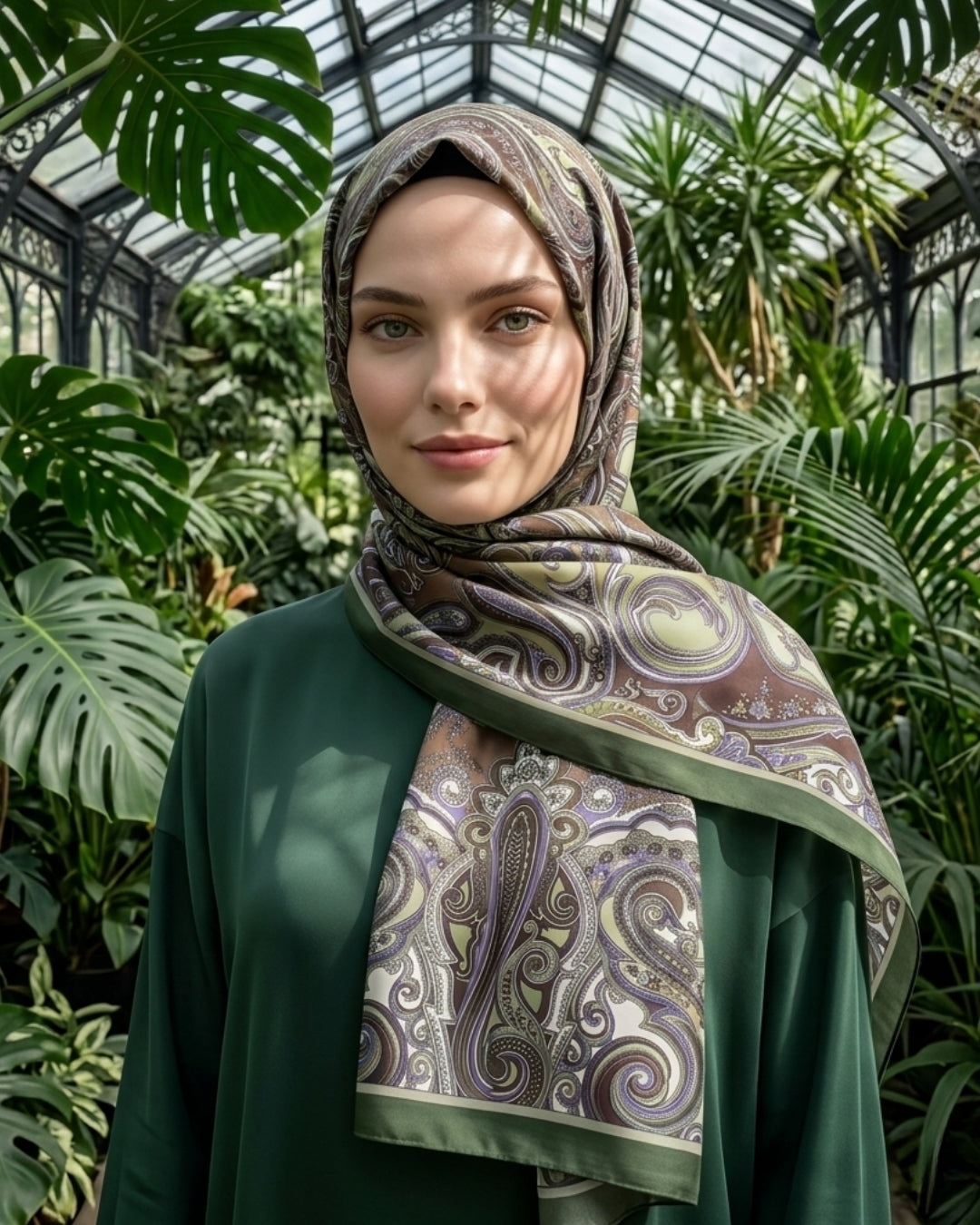 yeşil heritage gazel şal, modern tasarımlı şal, flora ile çevrili kadın modeli