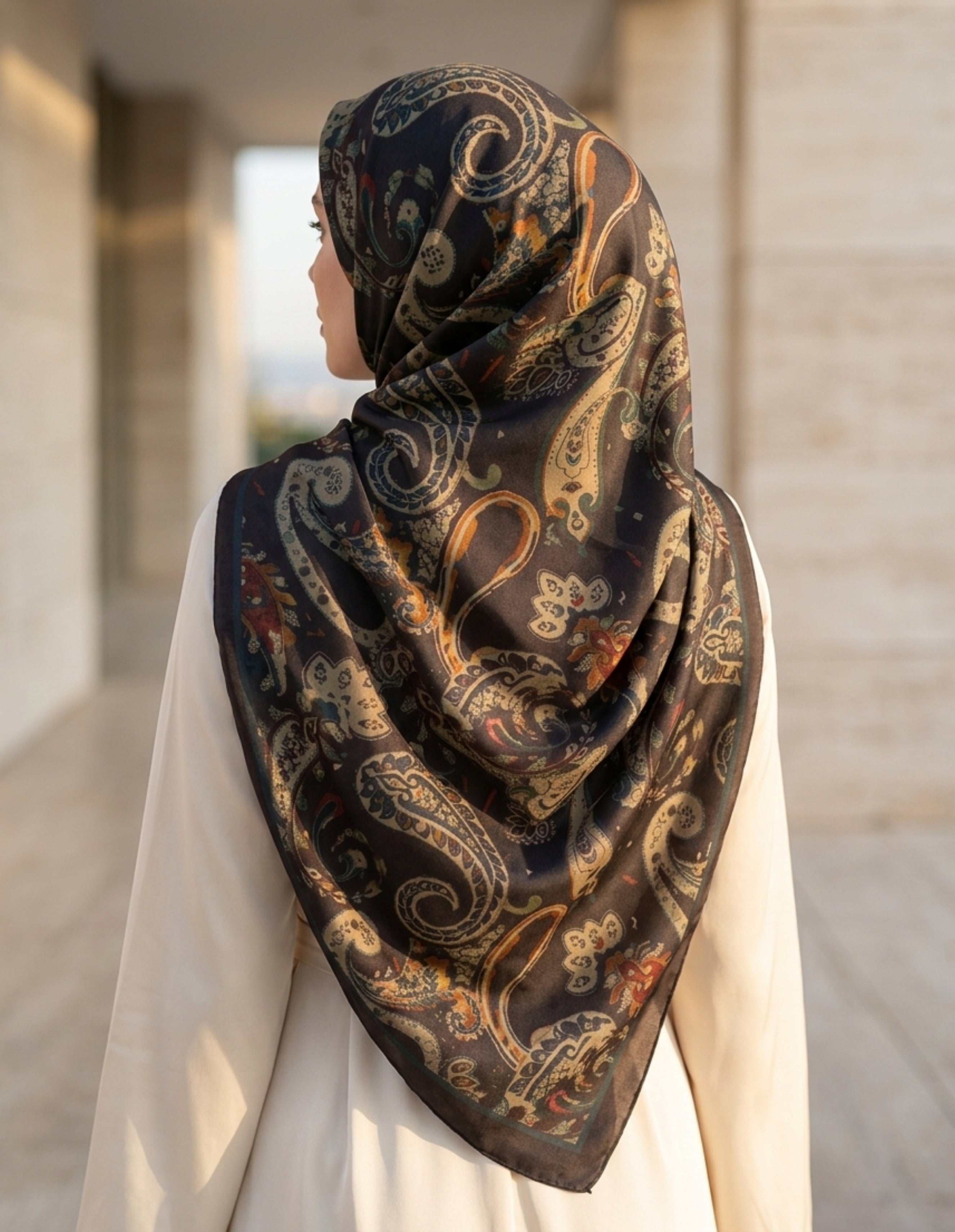 ED Scarf Iconic Vera Şal Acı Kahve, zarif desenlerle şık bir şekilde sarılmış kadın.