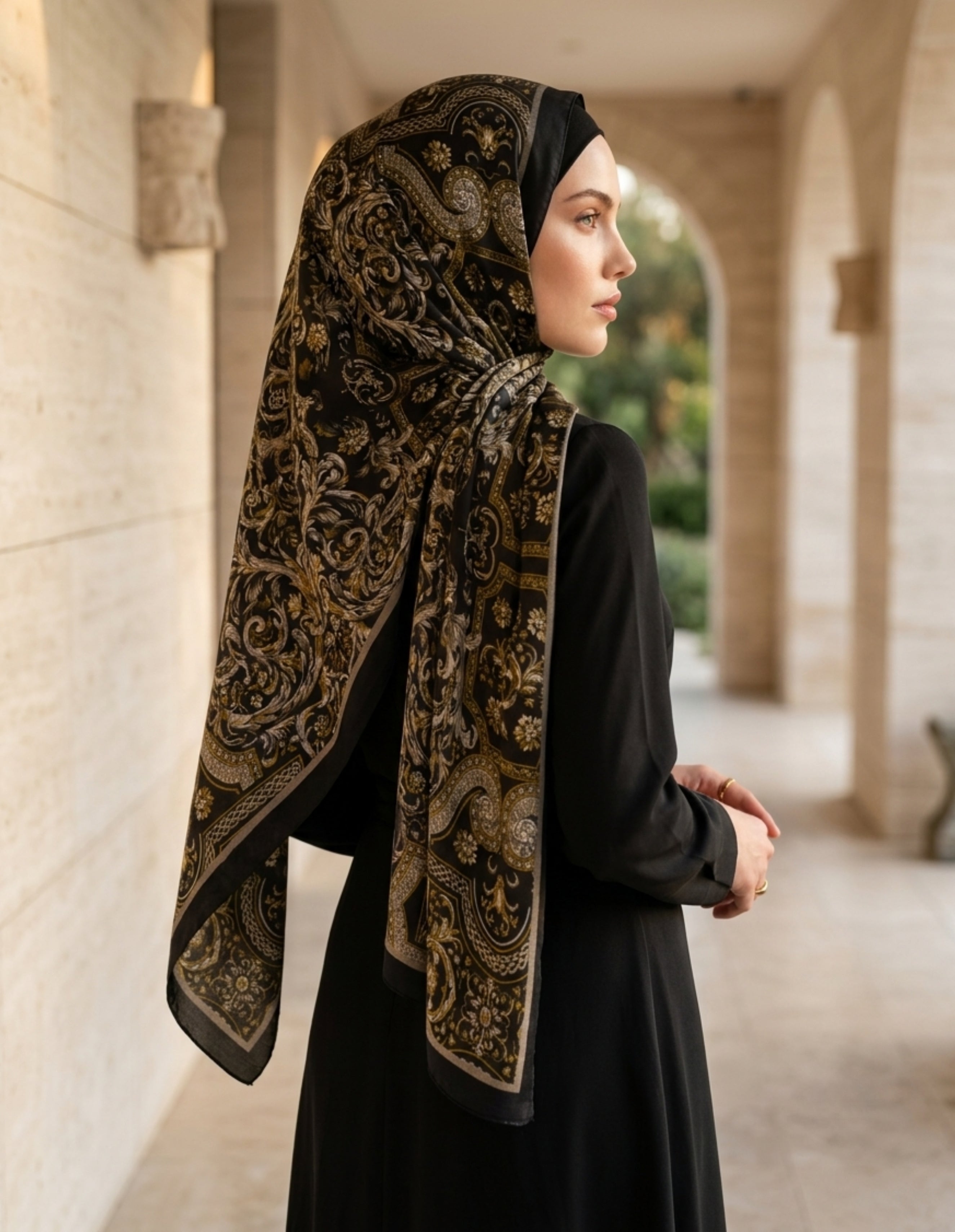ED Scarf Celebrity Celestial Şal Siyah Gold, elegant design with gold details in a stylish scarf on a woman.