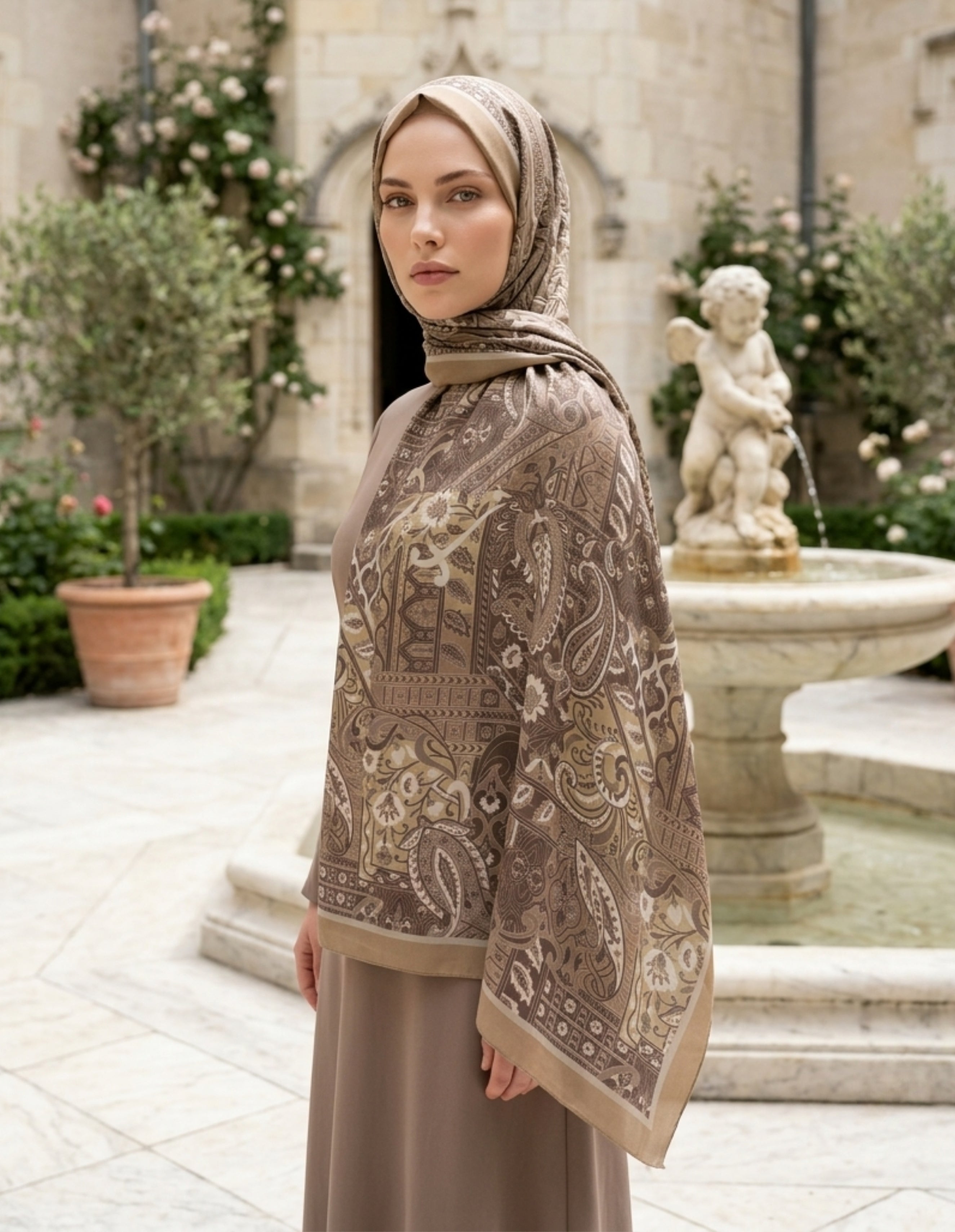ED Scarf Iconic Hasna Şal Bej modeli, bej ve kahverengi desenli şal ile zarif bir görünüm sergileyen kadın.