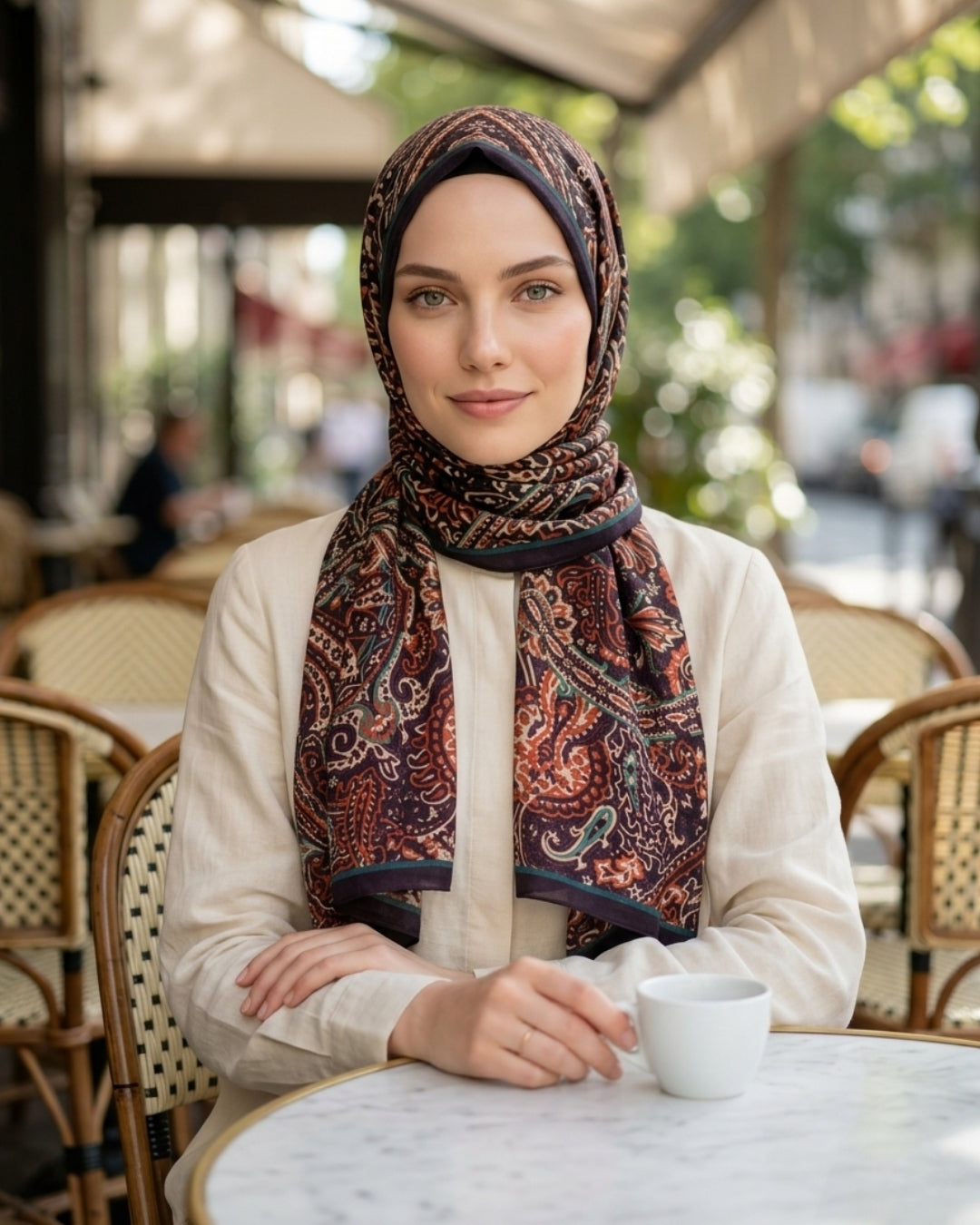 Kahverengi visal şal takmış kadın, kafe masasında kahve içerken oturuyor.