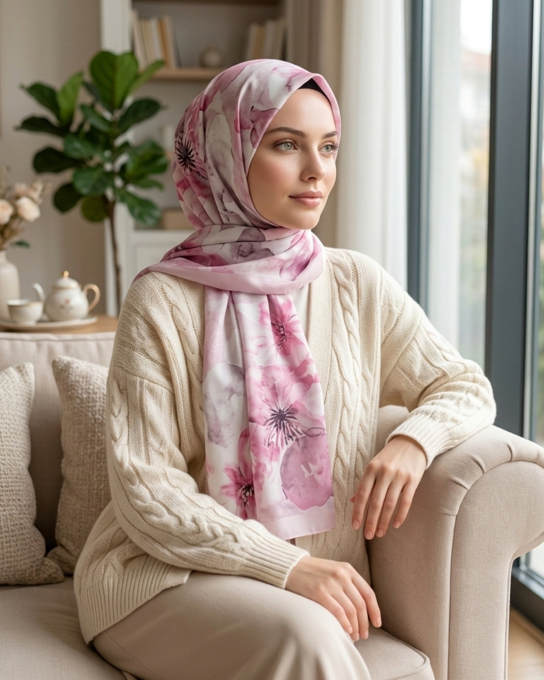 Fransız İpeği Desenli Şal Dökümlü Pembe