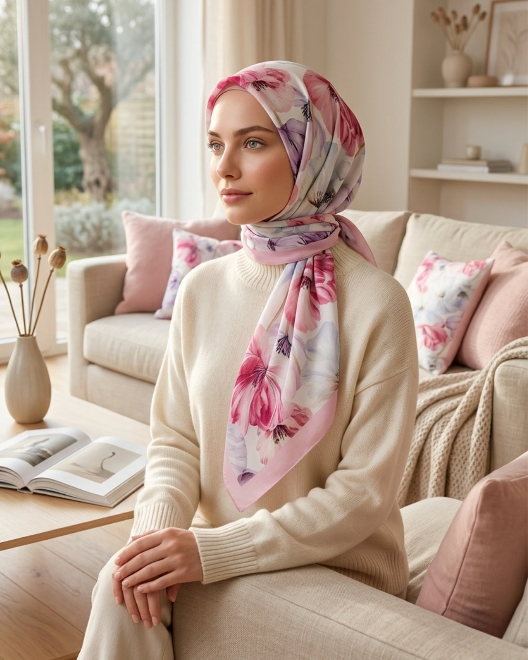 Desenli Bambu Kraş Şal Pembe Renkli Çiçek | Enerjik Zarafet