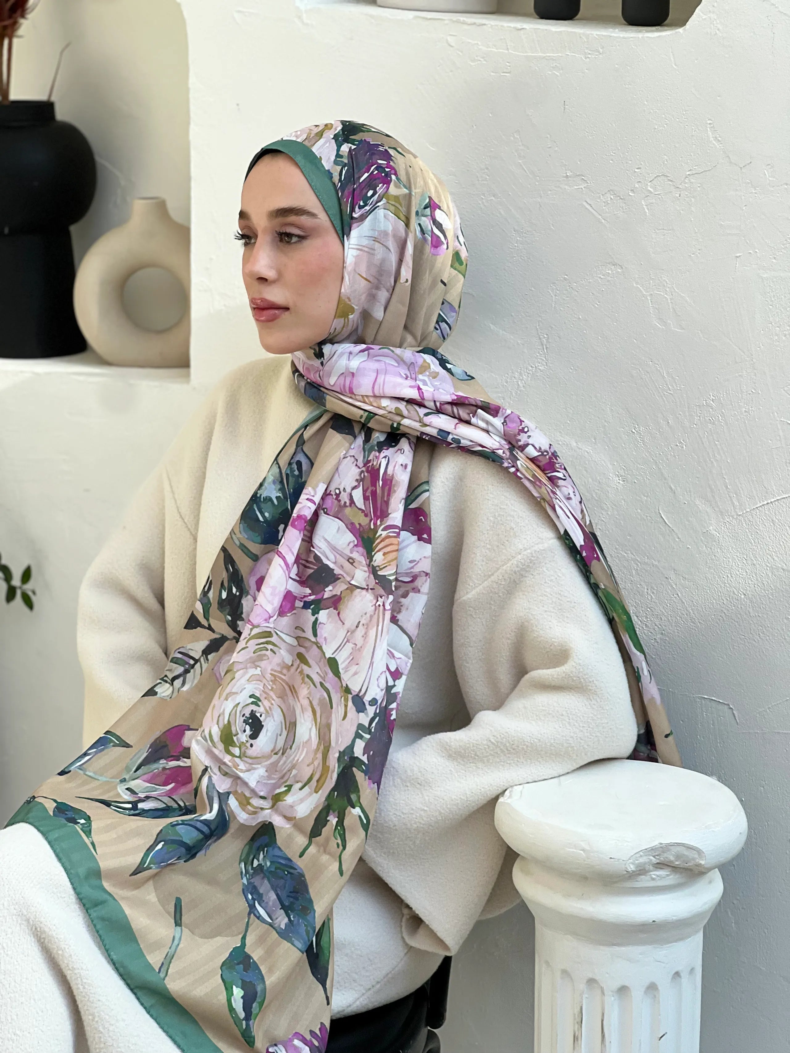 Açelya Desen Çizgili Şal - Yeşil
