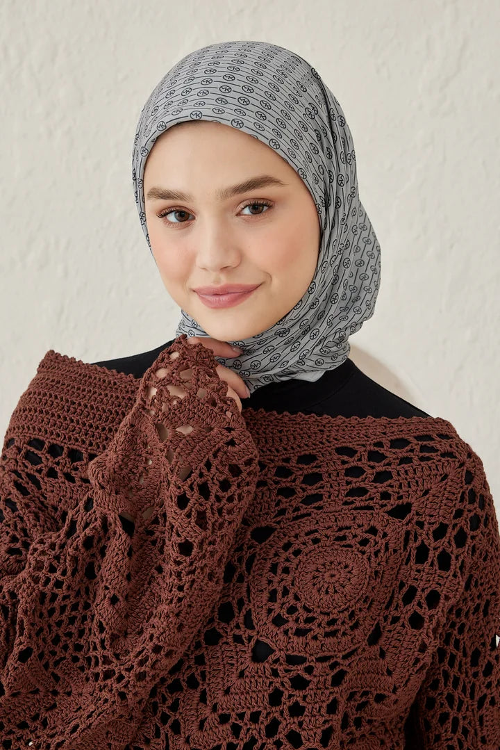 Çizgisel Daire Mk Pamuk Eşarp - Antik Bej-Siyah