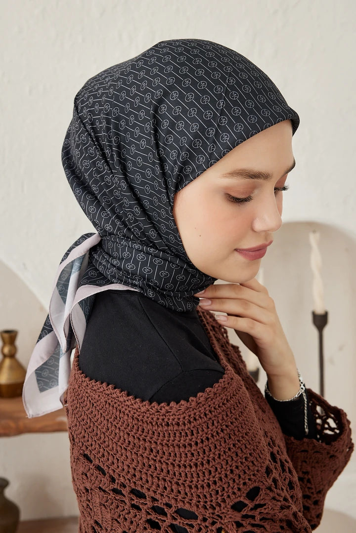 Çizgisel Daire Mk Pamuk Eşarp - Bej-Siyah