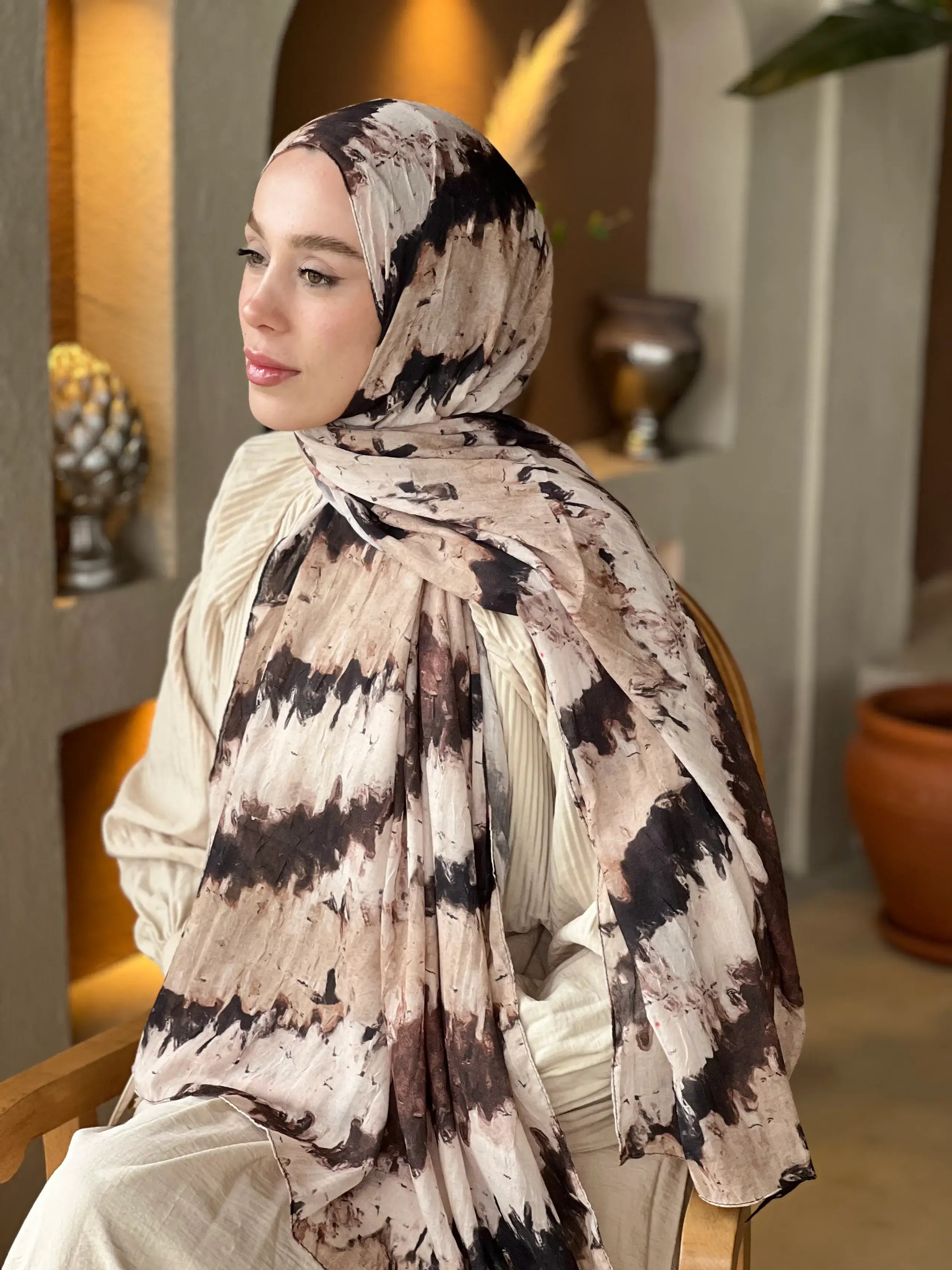 İlkbahar Ritm Desen Bambu Şal Bej Kahverengi ile doğal şıklık