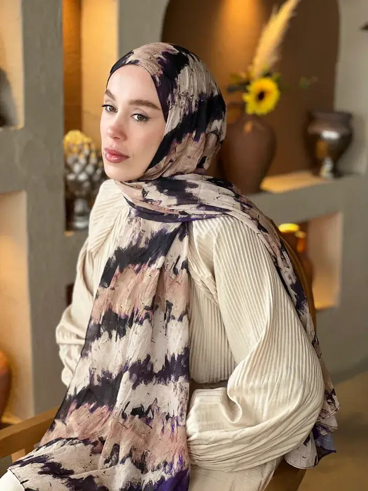 İğde tonlarında bambu dokulu İlkbahar Ritm Desen Şal detaylı görünüm