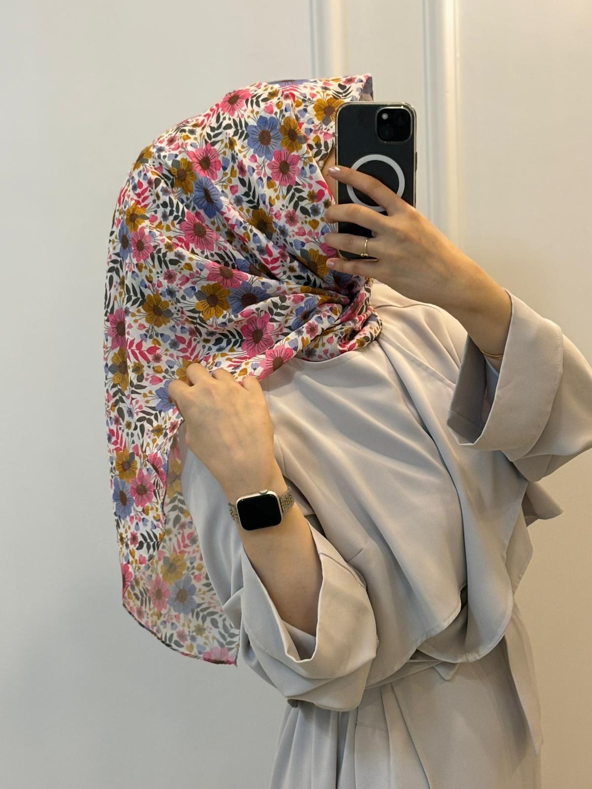 Flora Desen Bambu Eşarp - Pembe - Lila