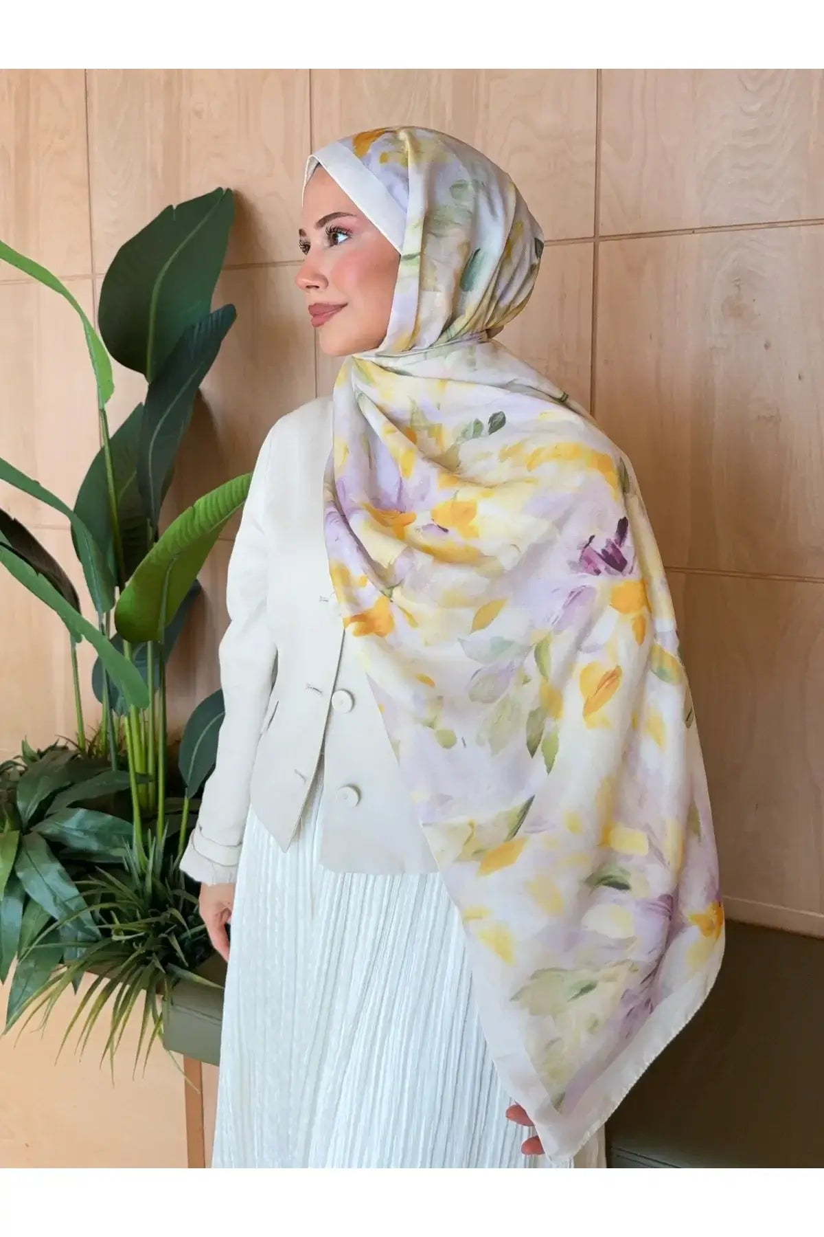 Günlük kombinlere zariflik katan sarı-lila retro pamuk şal modeli