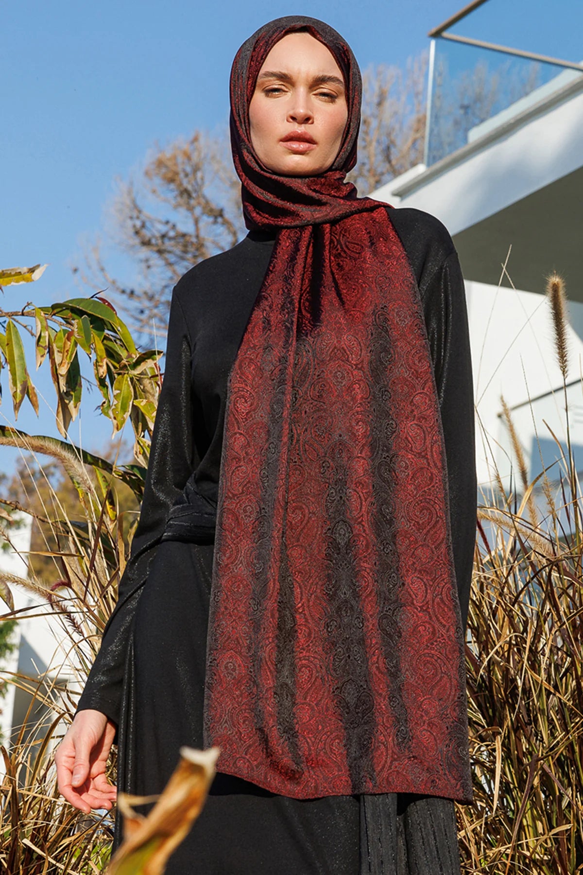Moren Desen Shine Line Şal Siyah-Bordo