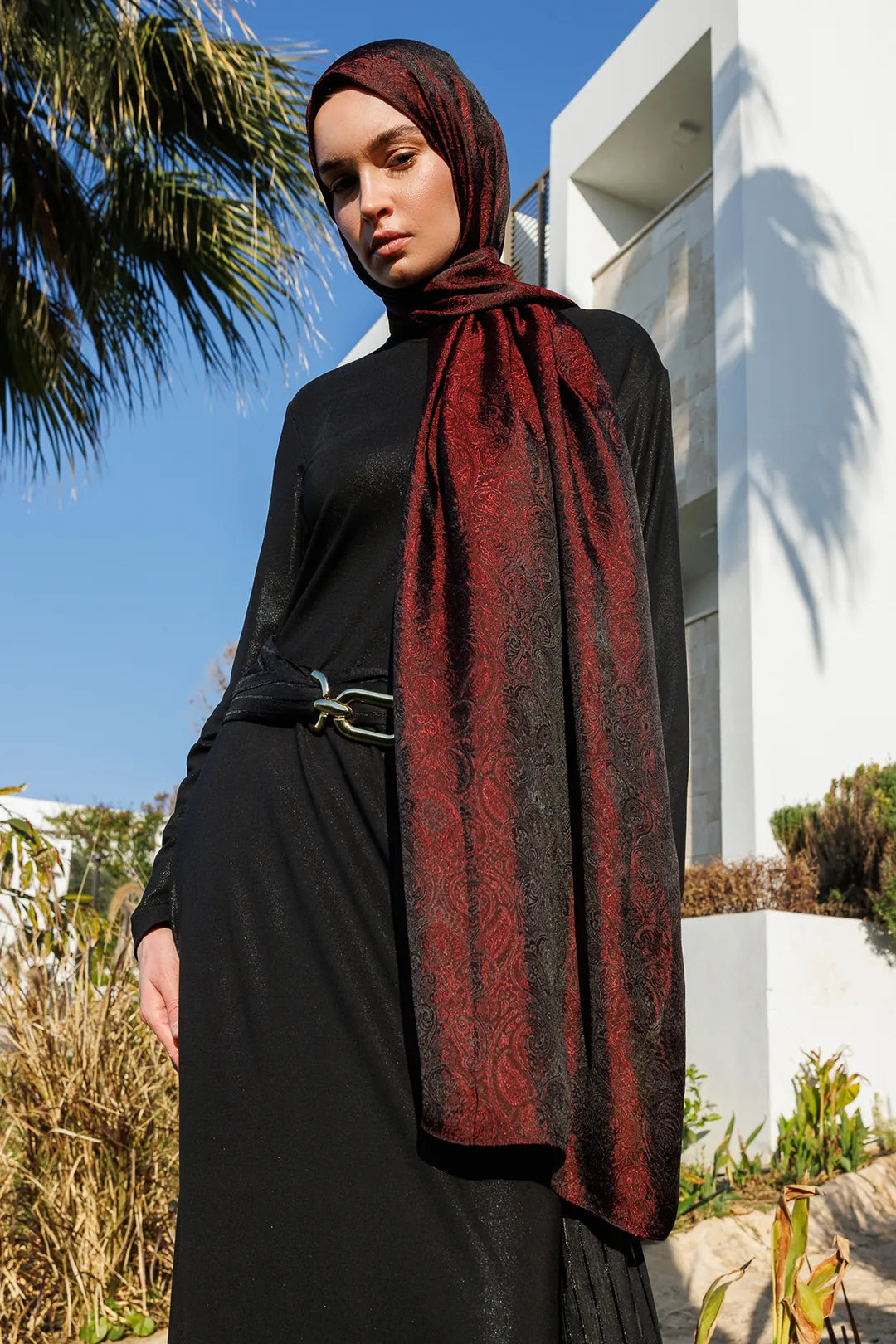 Moren Desen Shine Line Şal Siyah-Bordo