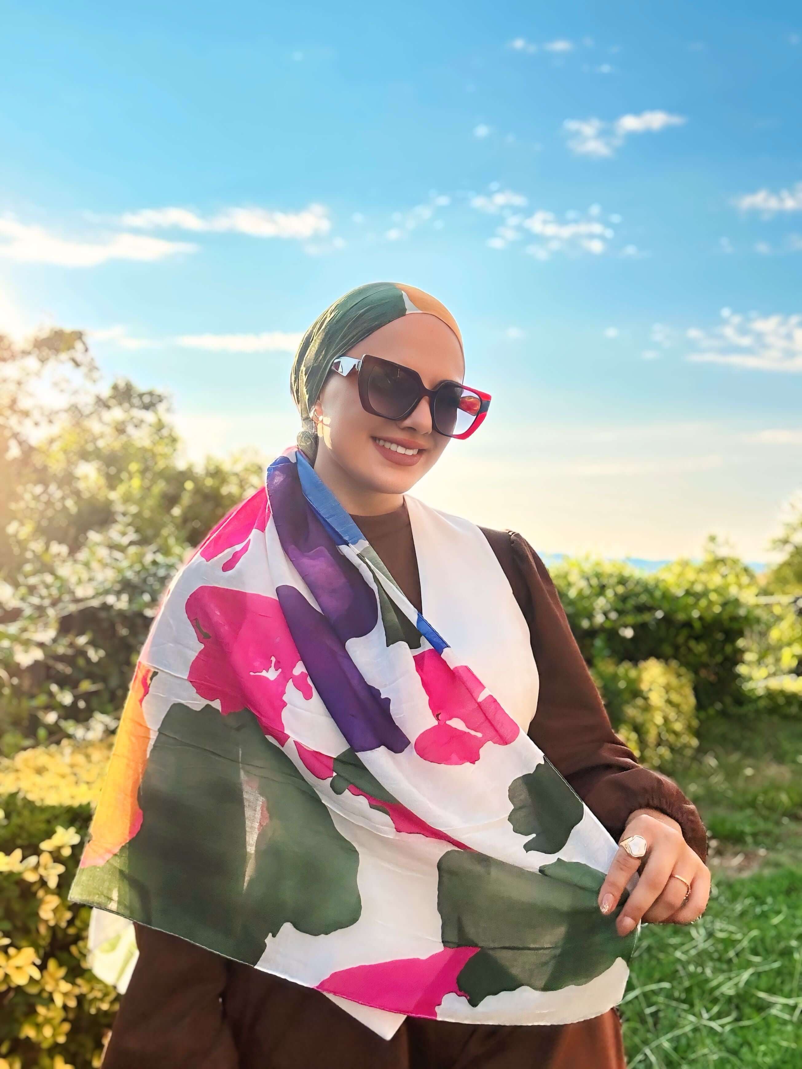 Palet Desen Bambu Eşarp Beyaz Yeşil ile doğadan ilham alan zarif stil
