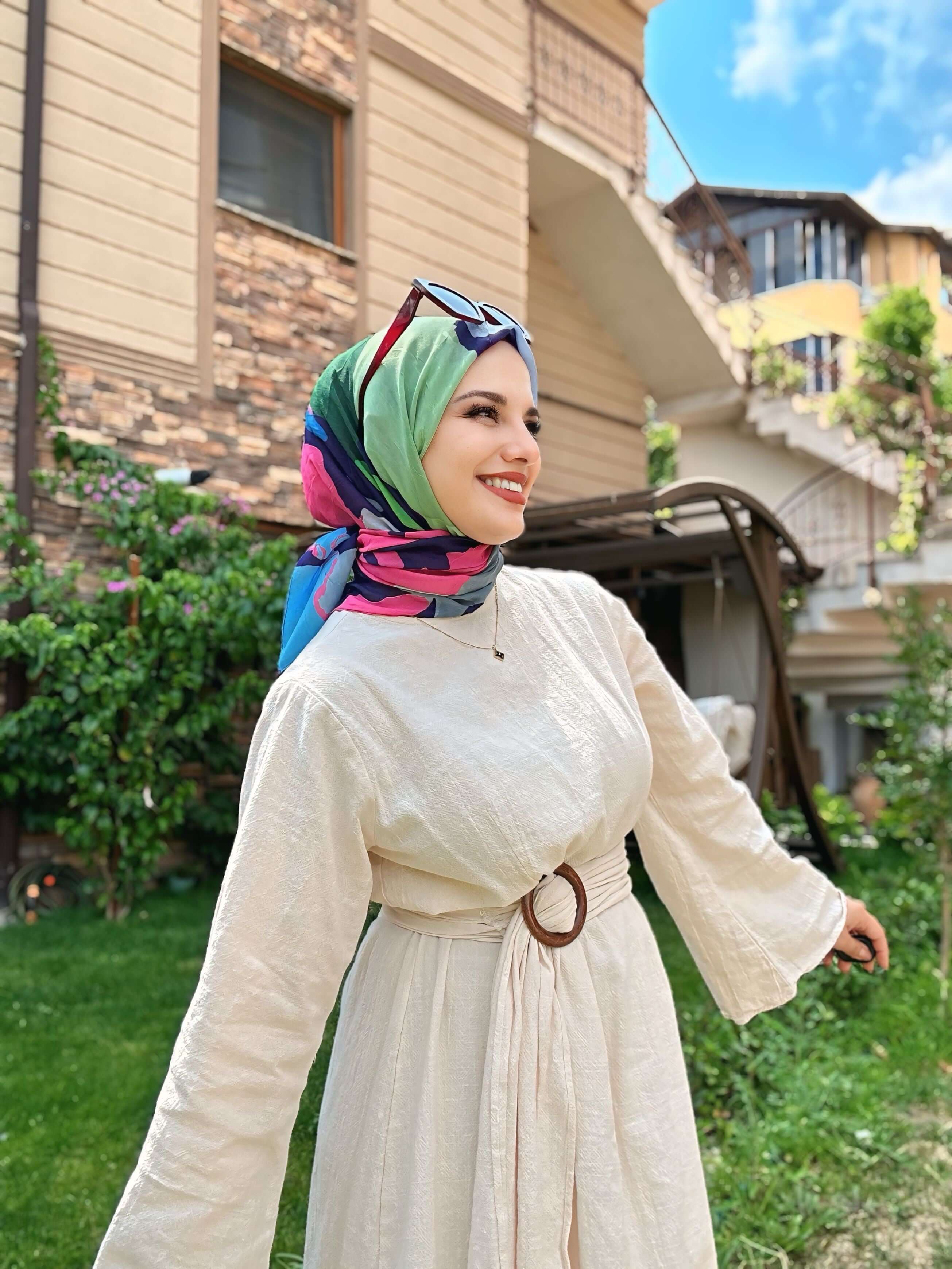 Palet Desen Bambu Eşarp Mor Yeşil ile renkli ve zarif dokunuş