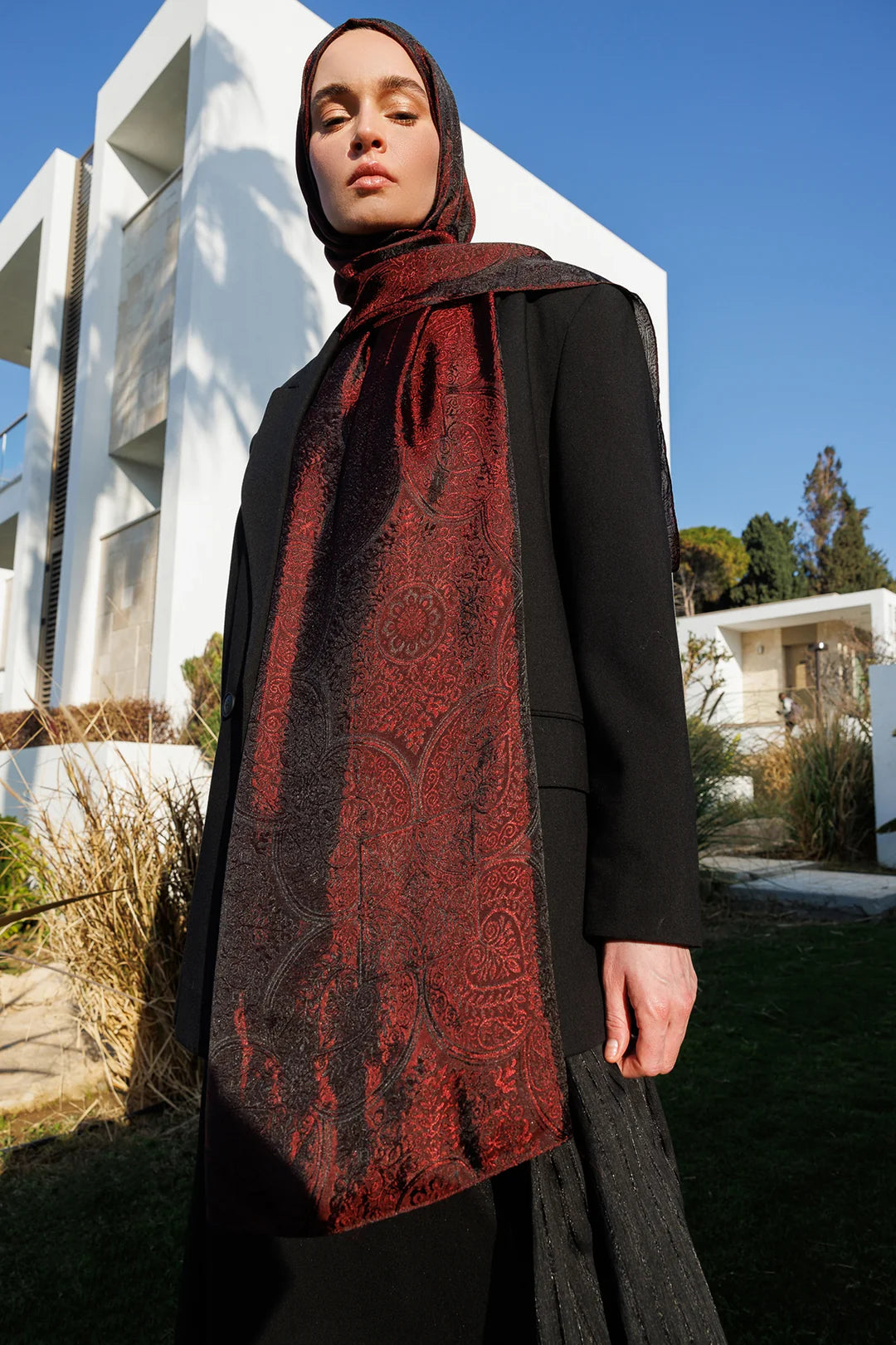 Vera Desen Shine Line Şal Siyah-Bordo