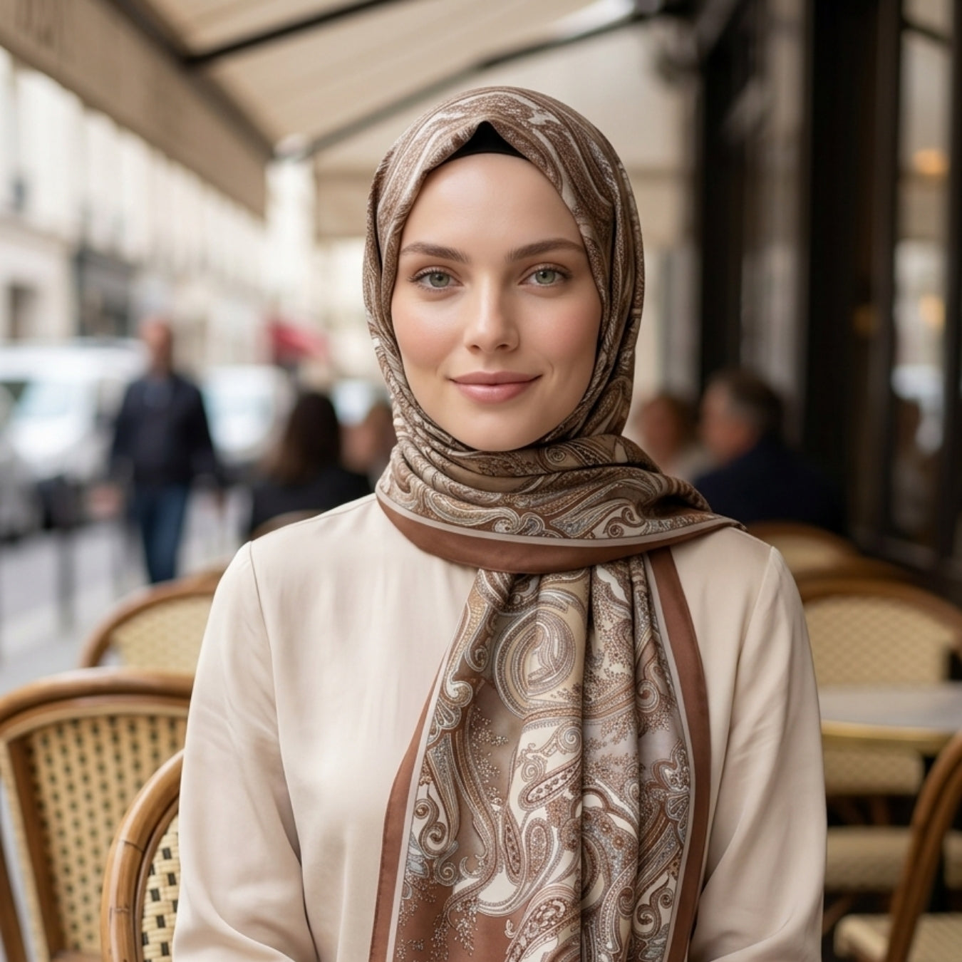 kahverengi heritage gazel şal ile şık bir kadın, modern kafe ortamında otururken.