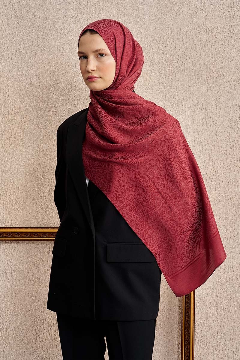 Çift Taraflı Etnik Desen Şal - Bordo