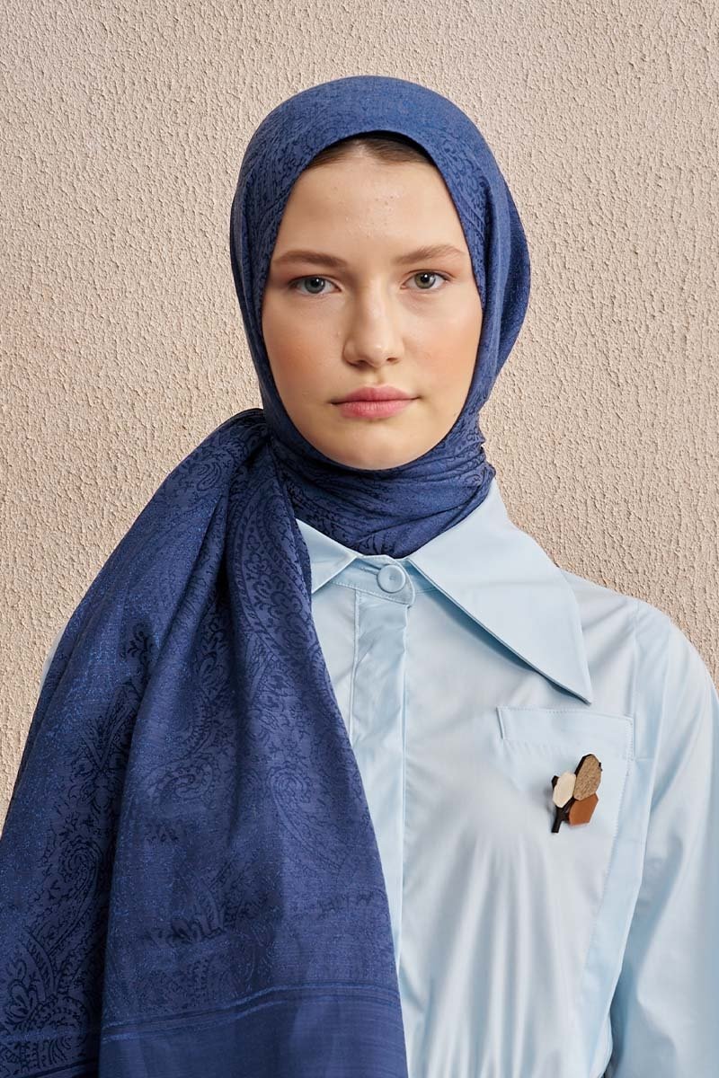 Çift Taraflı Etnik Desen Şal - Lacivert