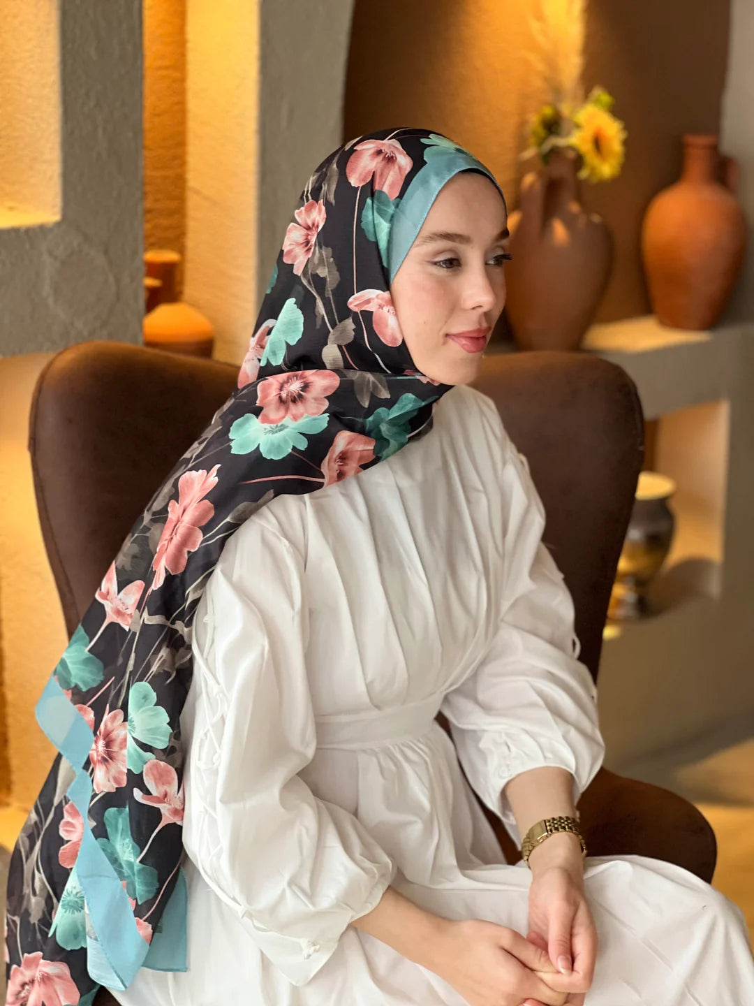 Fiori Desen Lina Şal - Açık Petrol