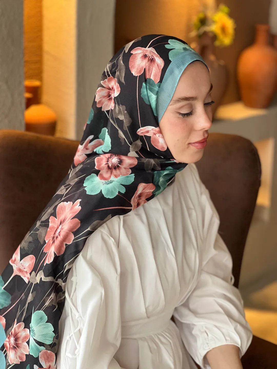 Fiori Desen Lina Şal - Açık Petrol