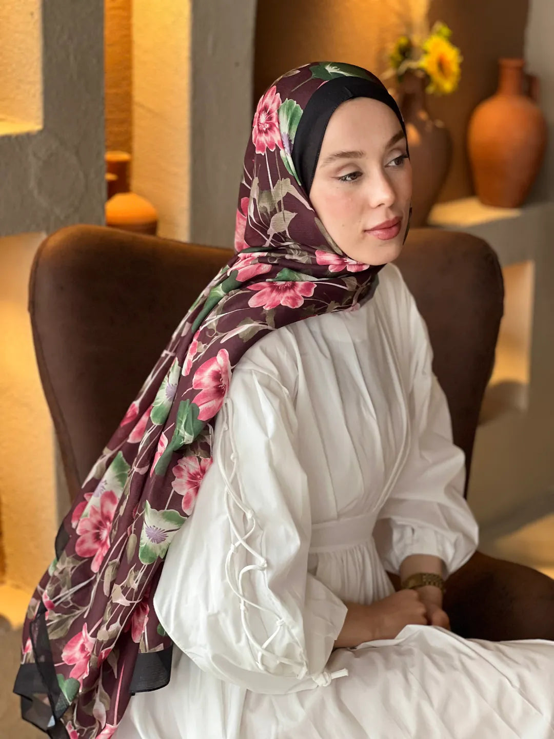 Fiori Desen Lina Şal - Siyah-Bordo