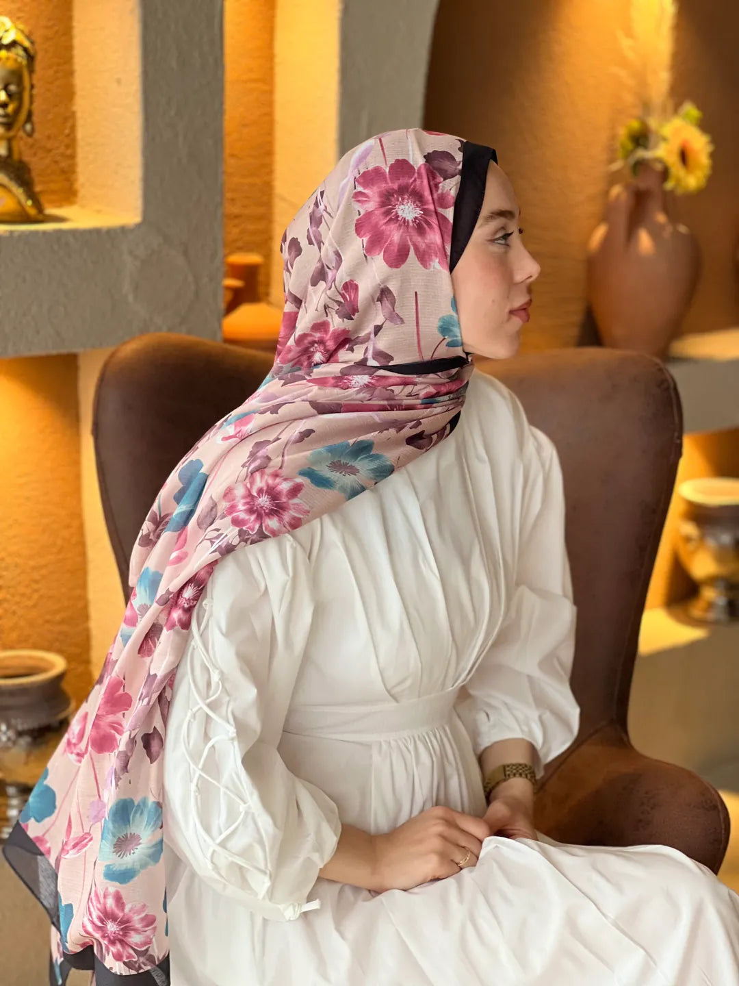 Fiori Desen Lina Şal - Siyah-Vizon