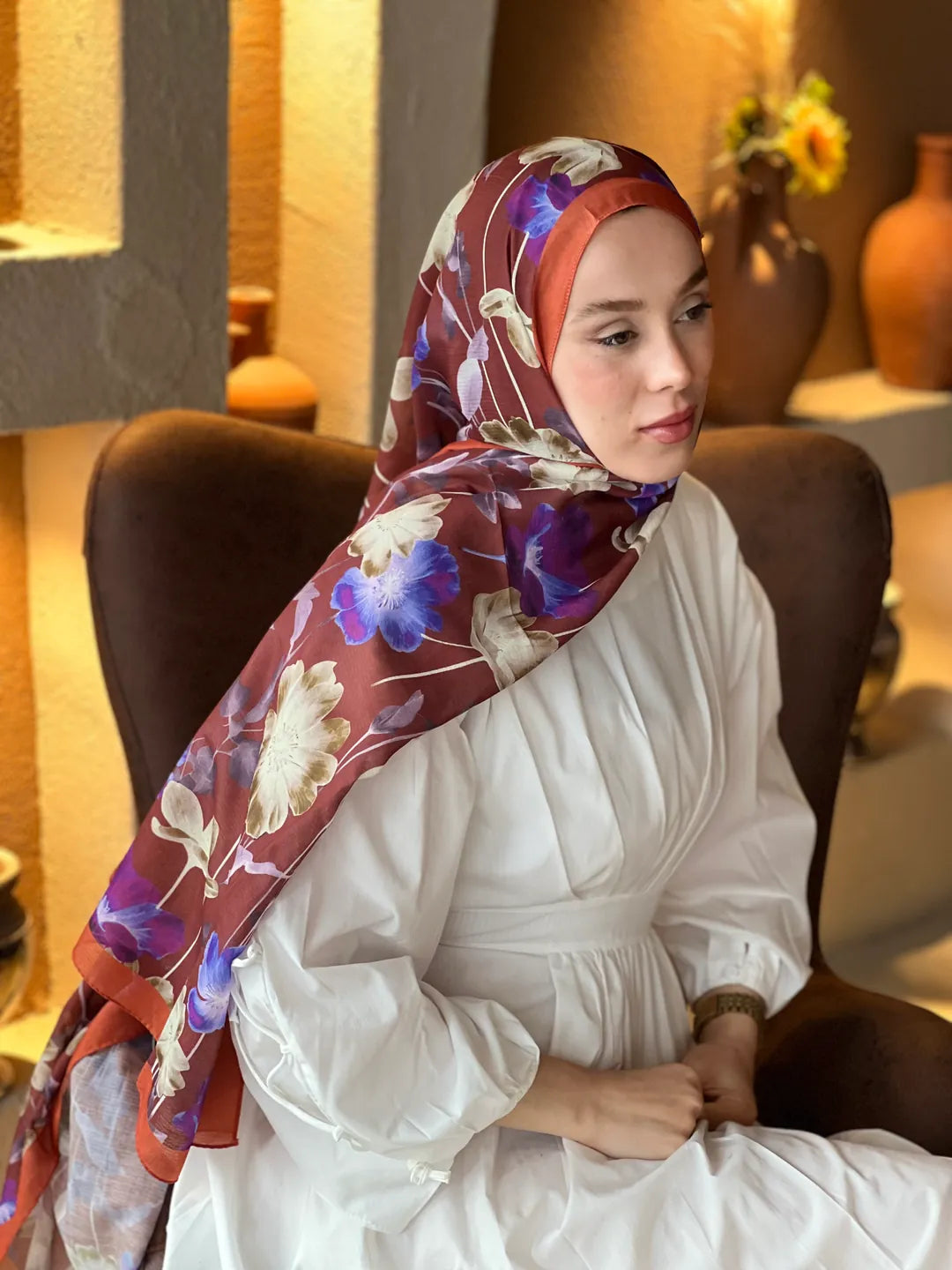 Fiori Desen Lina Şal - Kiremit